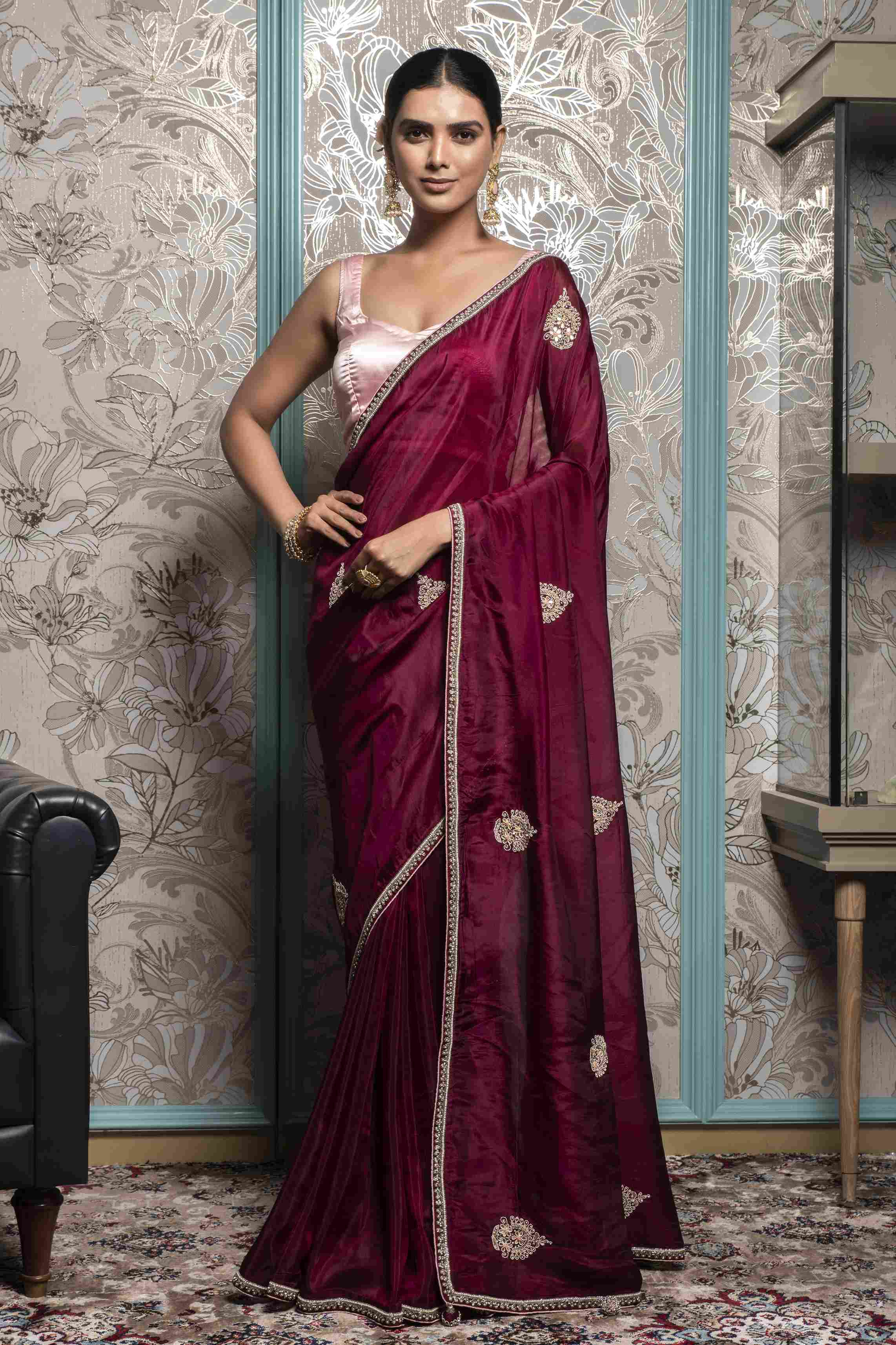 Wine color Saree in Dola Silk