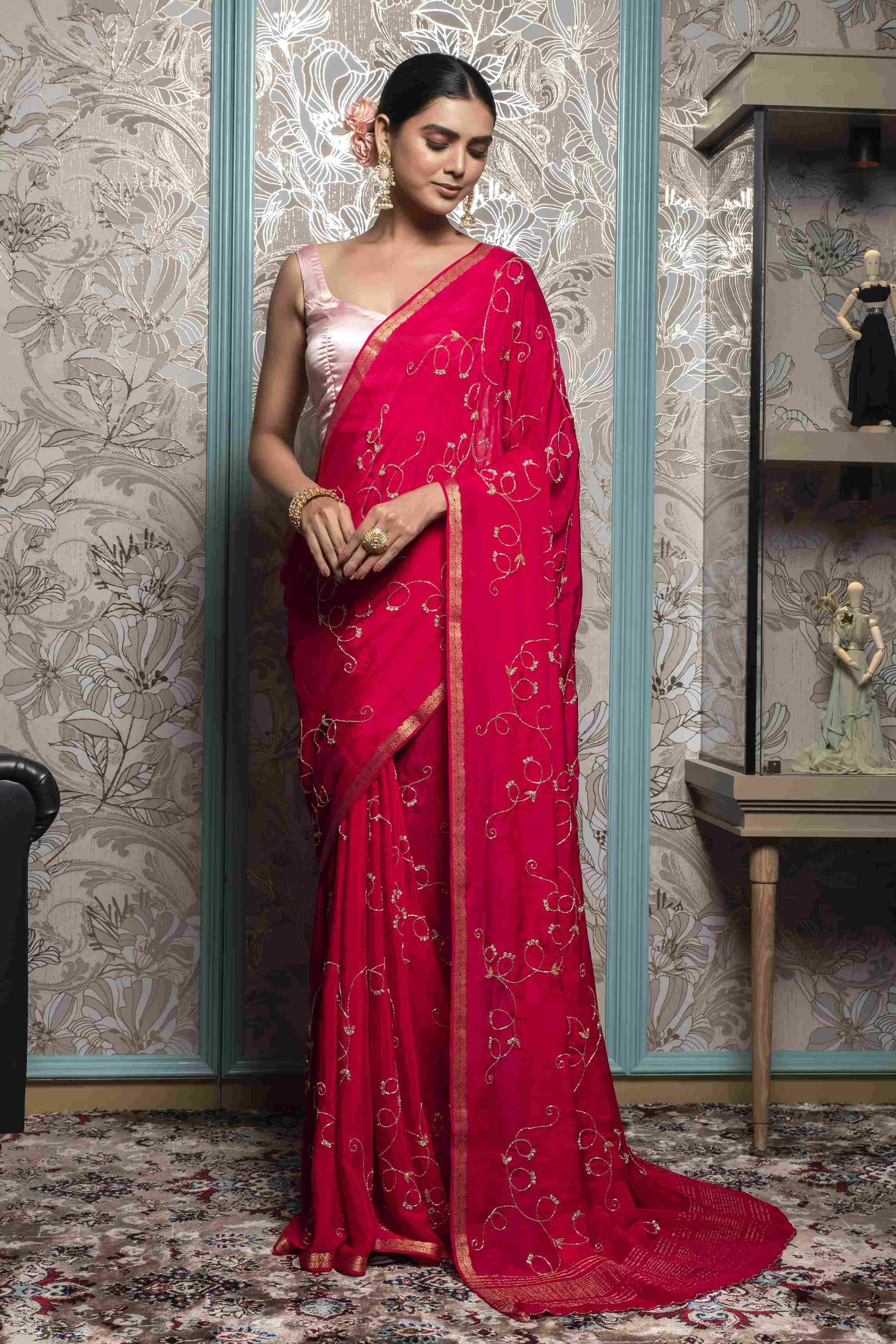 Dark Pink color Saree in  Chinnon