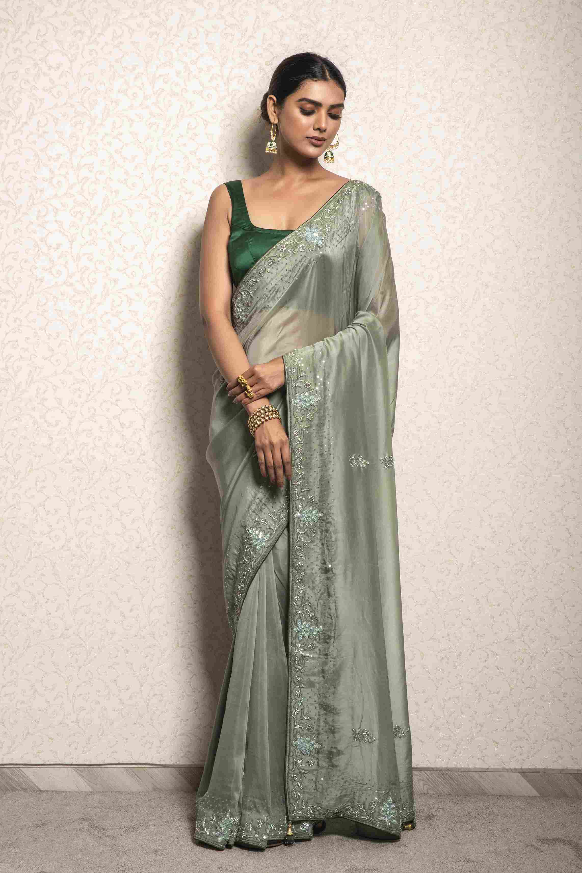 Sage Green color Saree in Soft Organza
