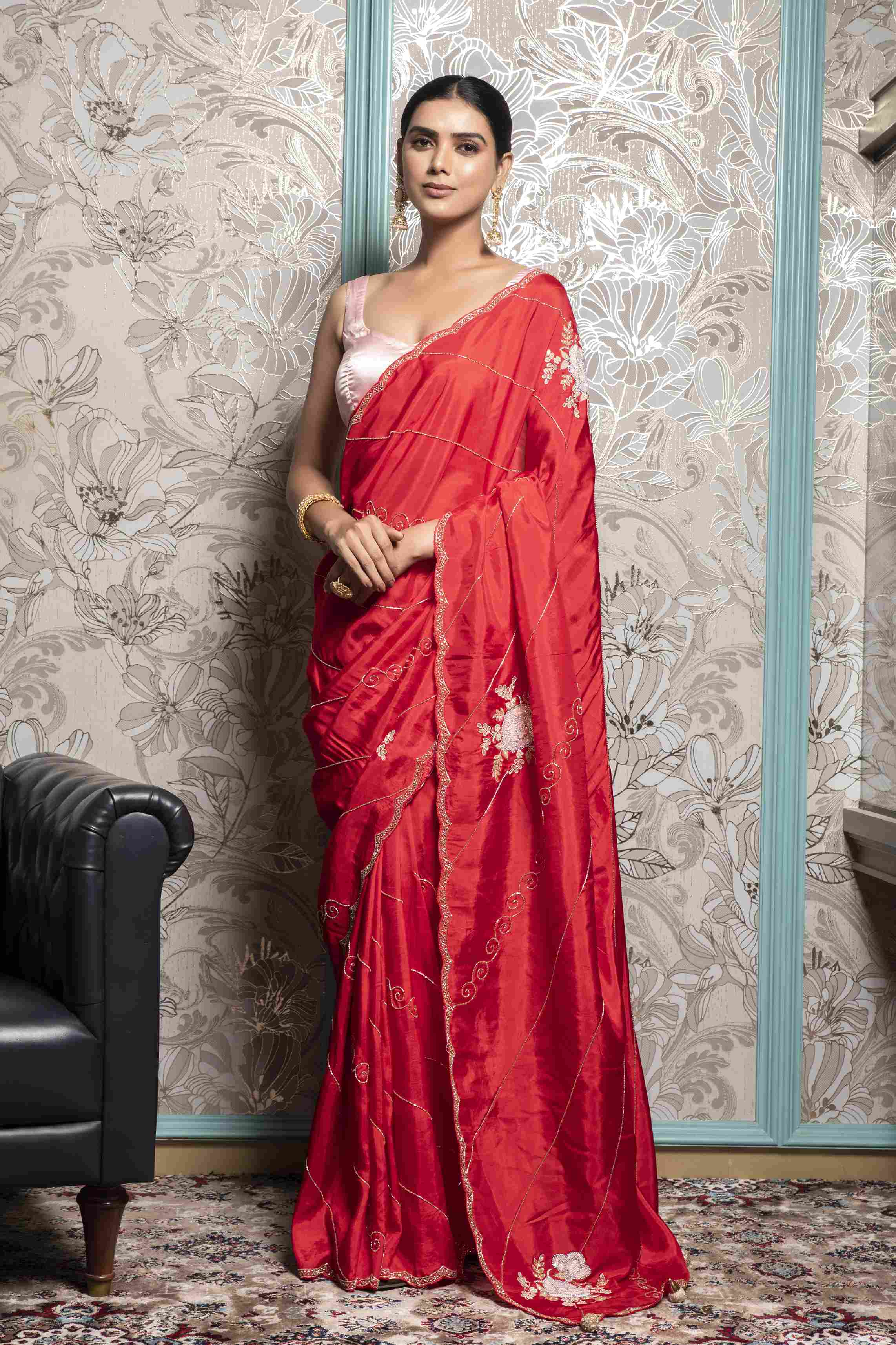 Red Saree in Dola Silk