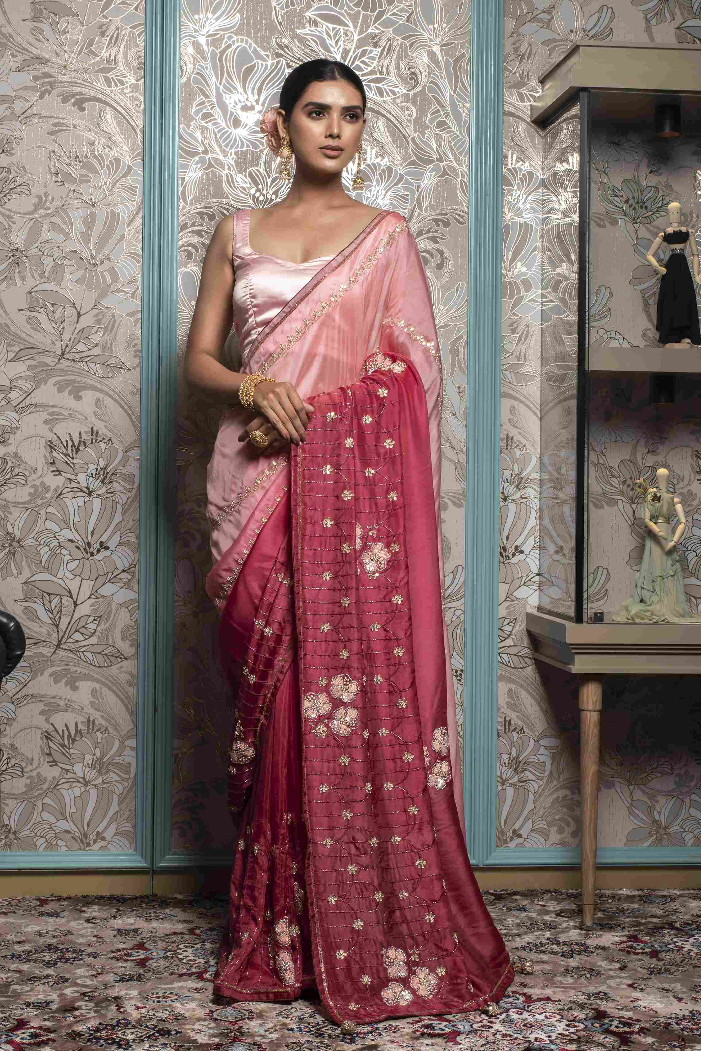 Shaded  Dola Silk Saree in Light Pink & Onion Pink