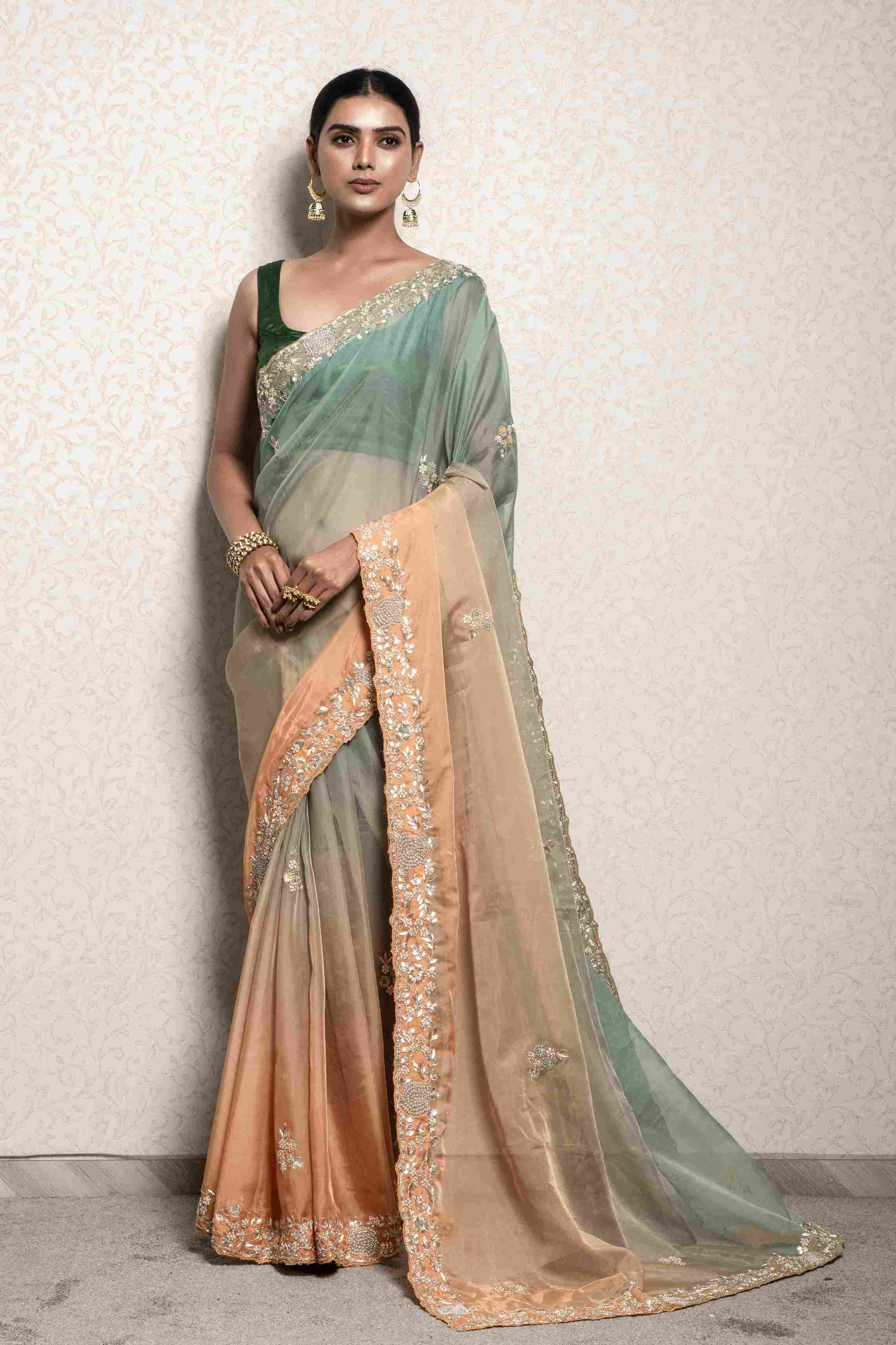 Green & Peach shaded Saree in Soft Organza