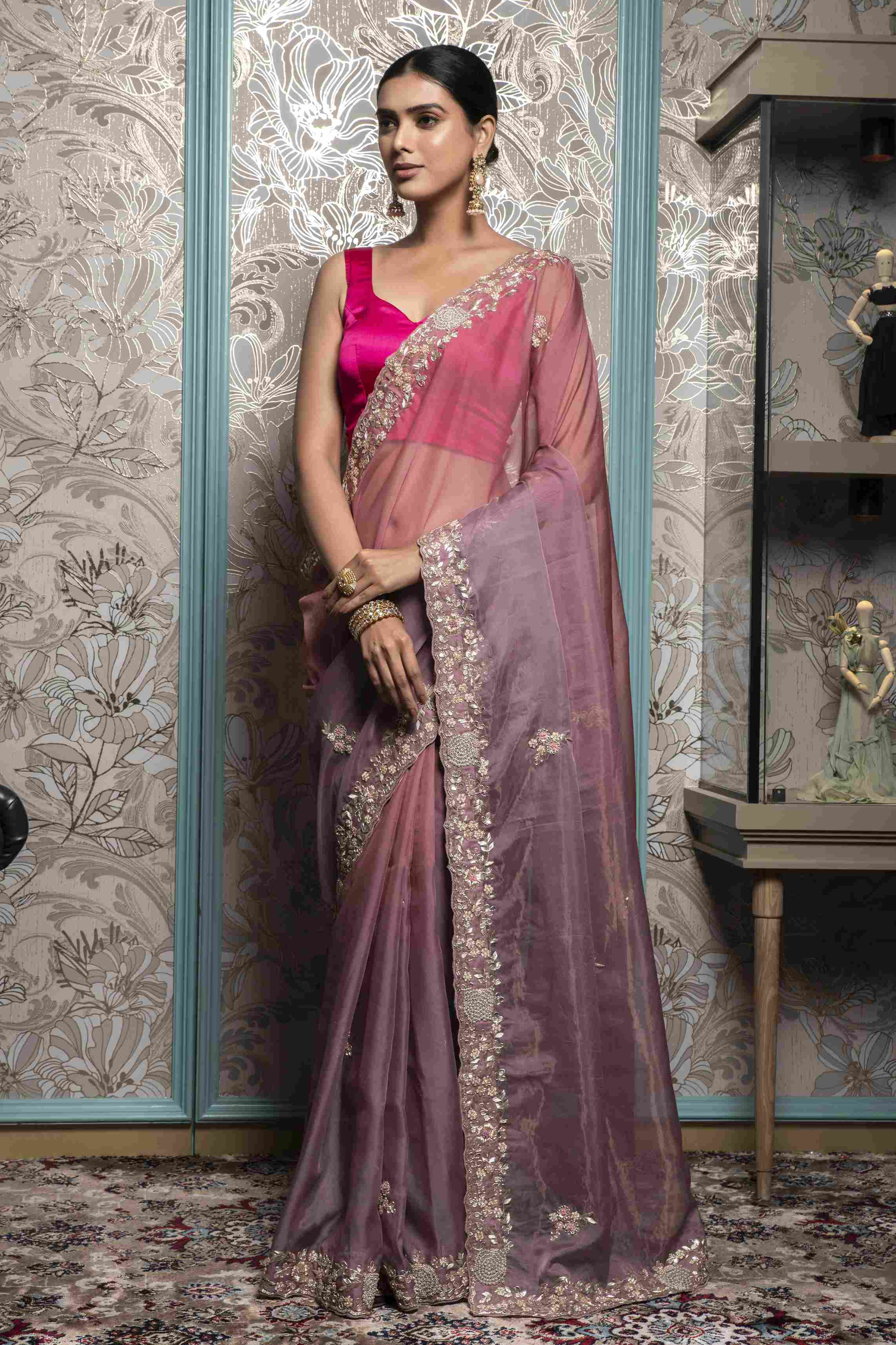 Onion Pink Saree in Pure Organza