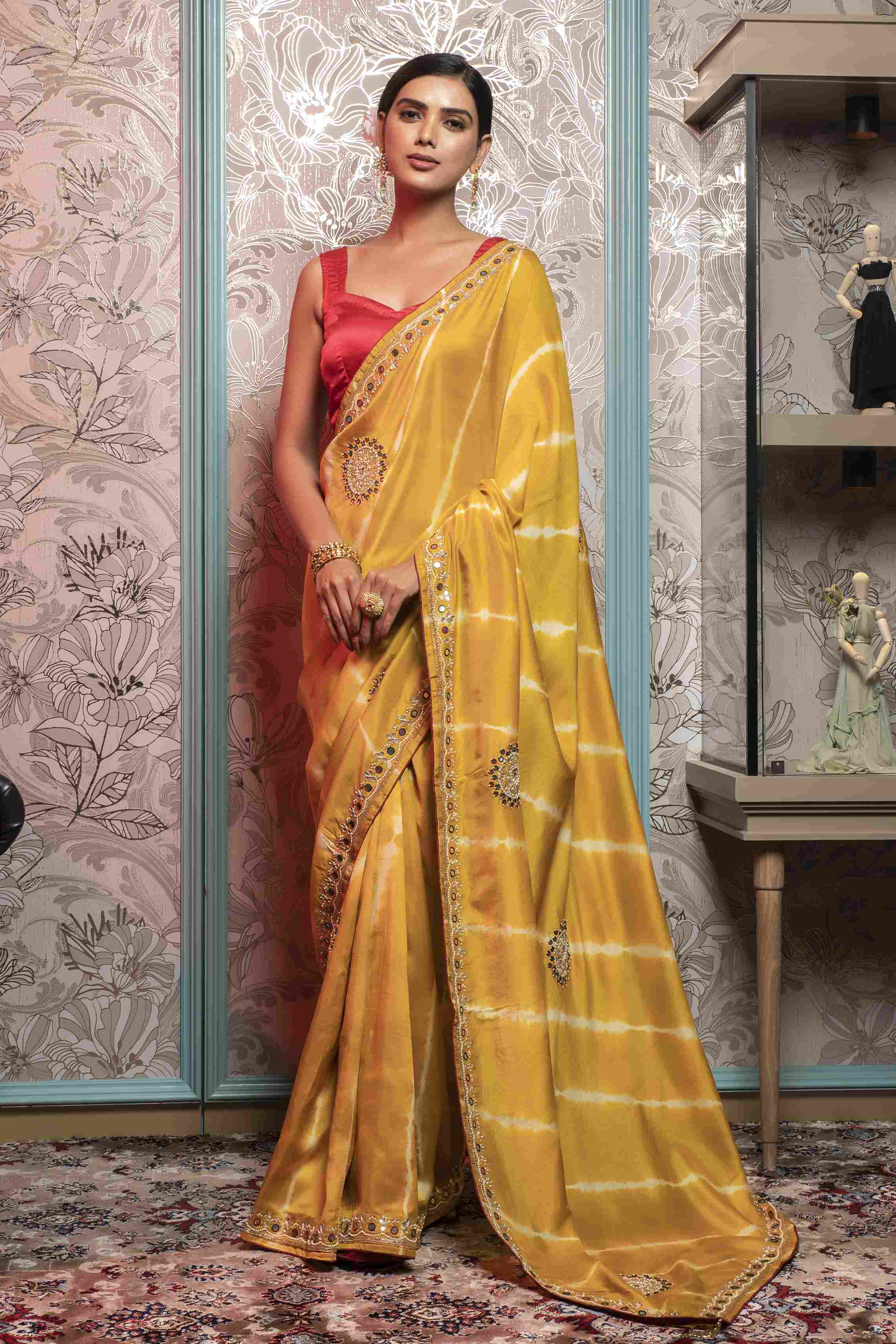 Mustard Yellow color Leheriya style Saree in Dola Silk 