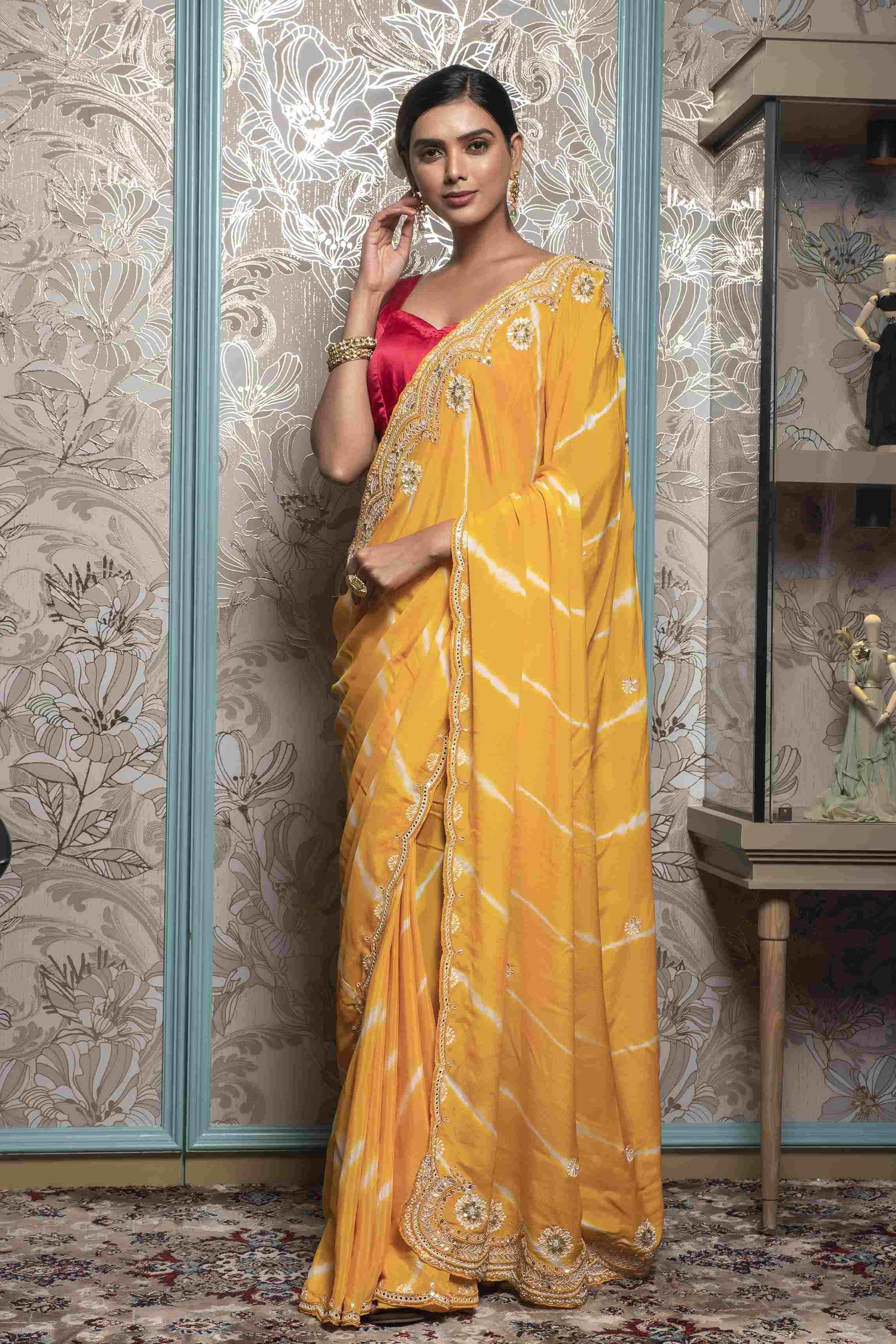 Yellow Color Leheriya style Saree in Dola Silk