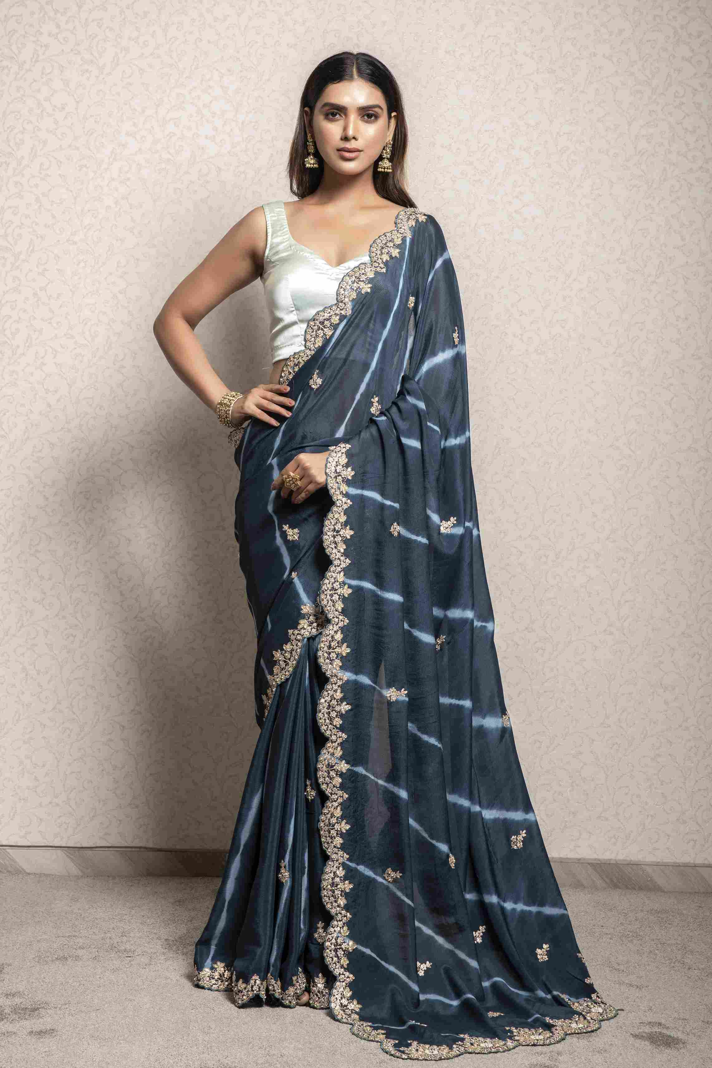 Dark Blue color Leheriya style Saree in Dola Silk