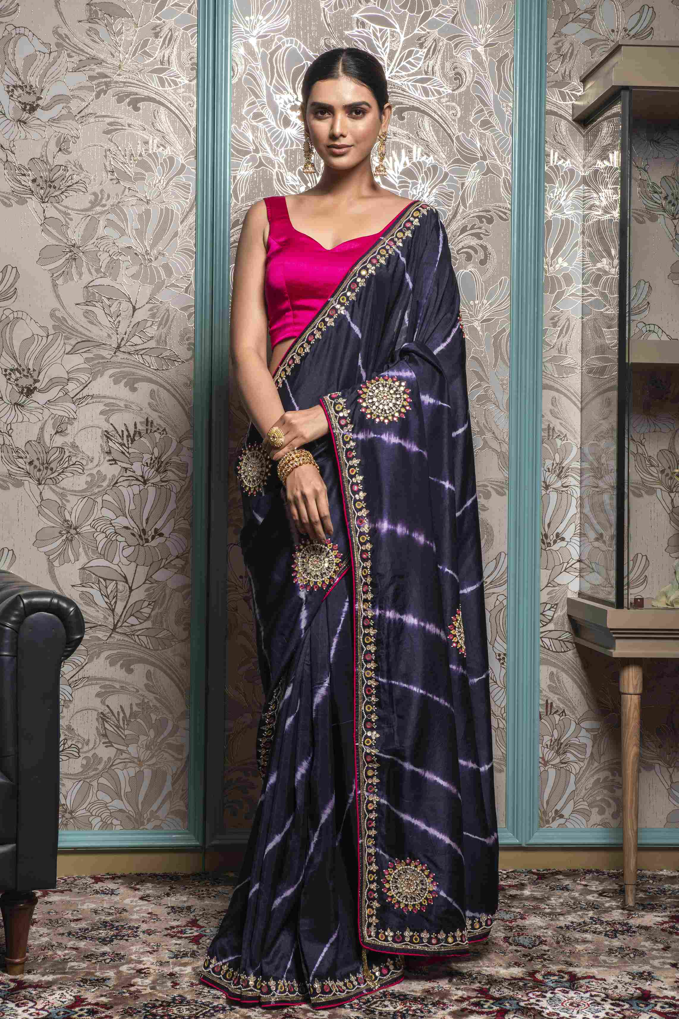 Royal Blue color Leheriya style Saree in Dola Silk
