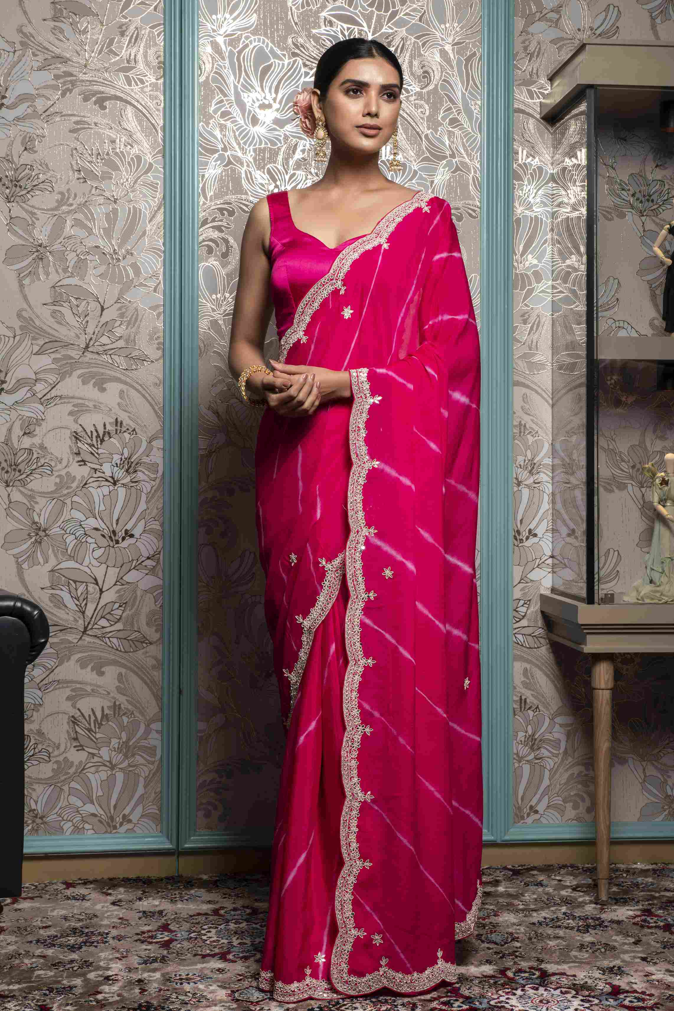 Bright Pink Leheriya Style Saree in  Dola Silk