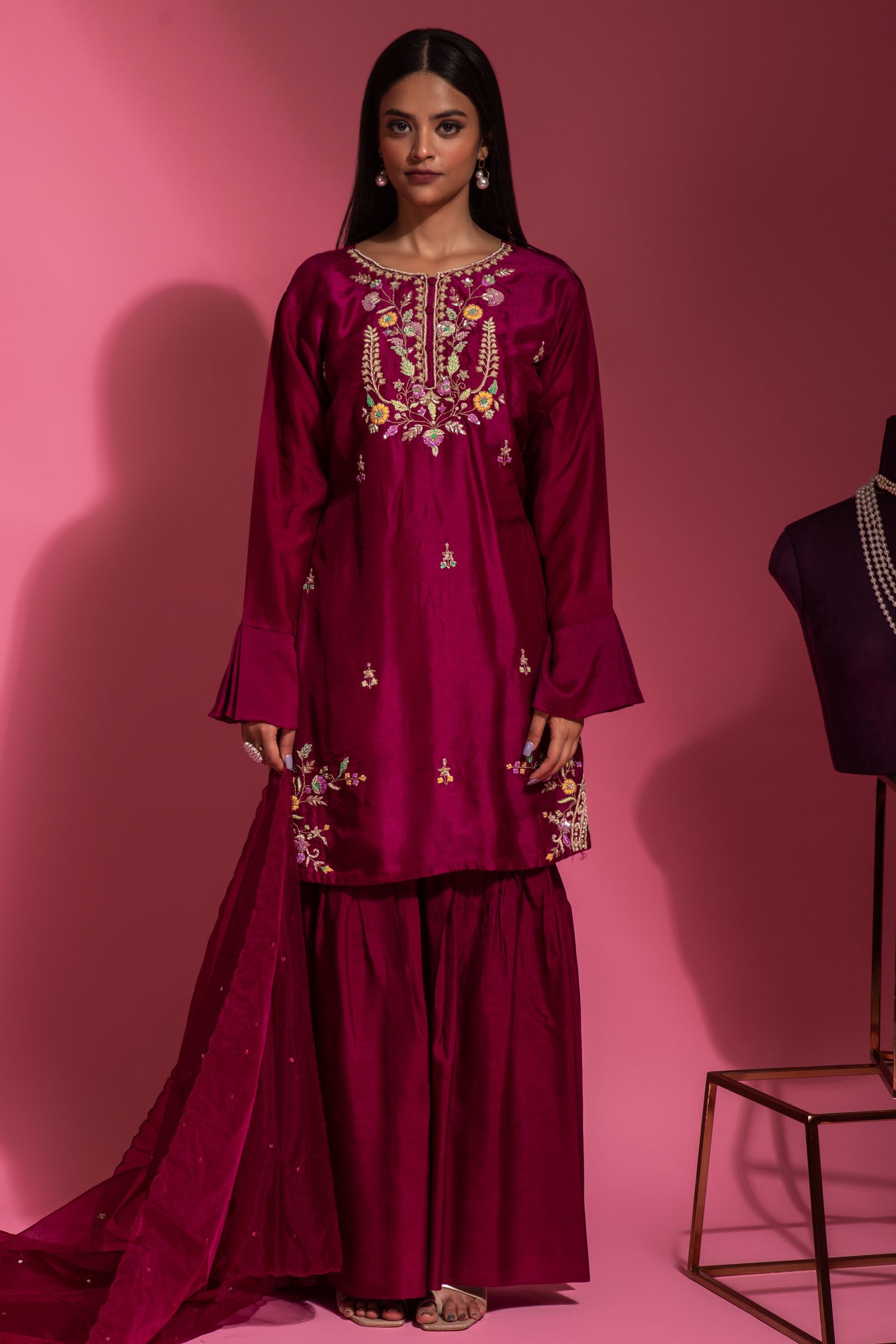 Plum color Sharara Set in Dola Silk