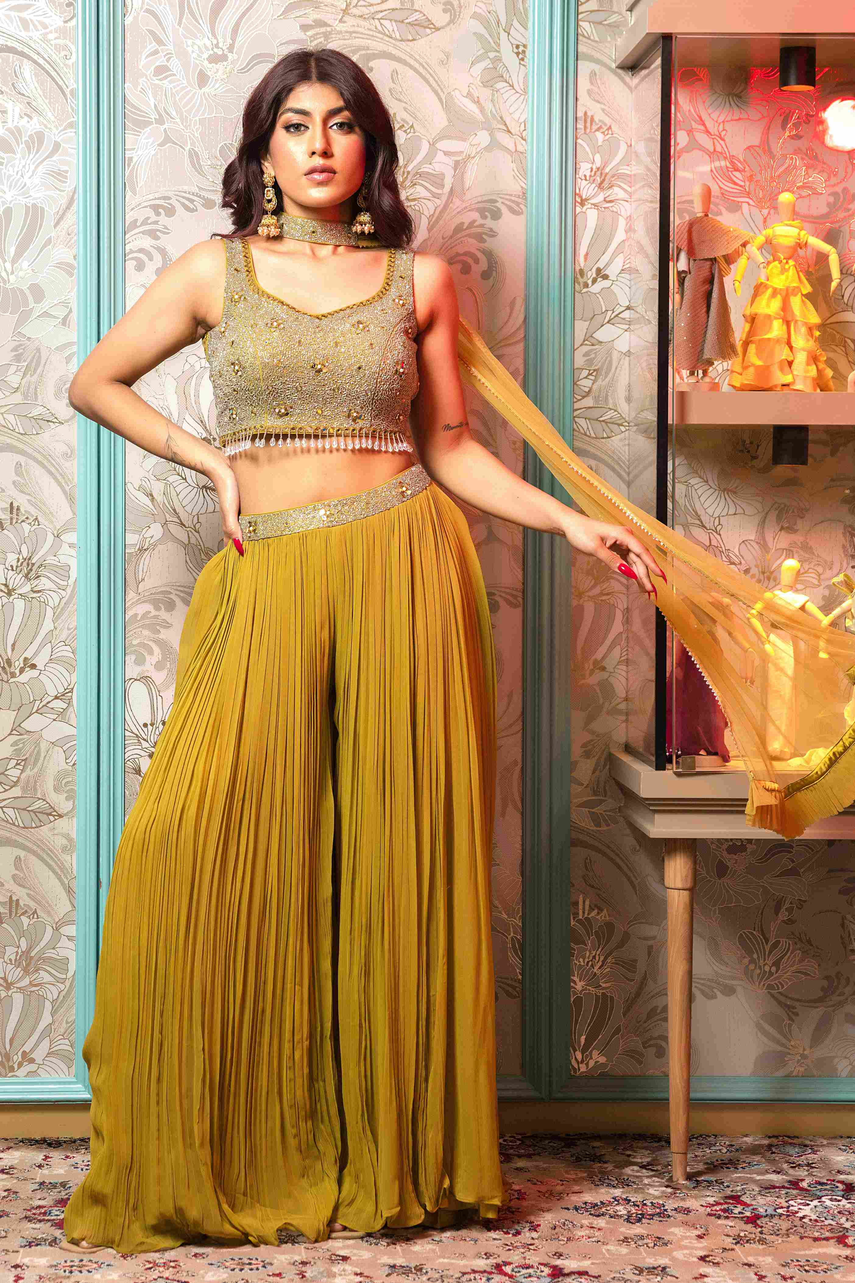 Mehendi Crop Top & Sharara Set with heavy Dupatta in Georgette